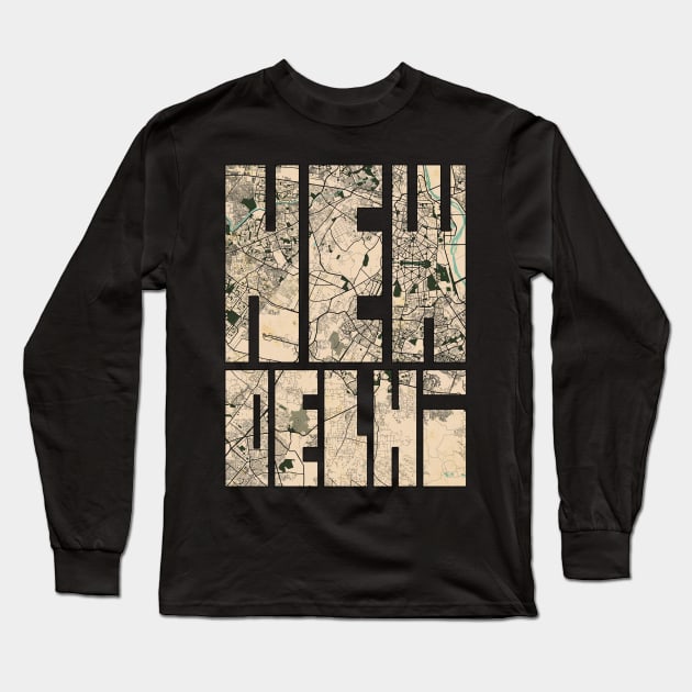 New Delhi, India City Map - Vintage Long Sleeve T-Shirt by deMAP Studio